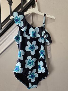 Girls Old Navy Black One-Shoulder Ruffle Swim One-Piece with Blue Floral Print
